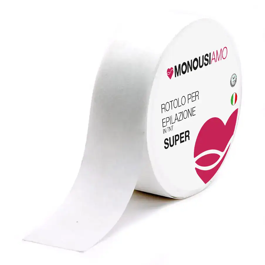 Rotolo per epilazione in TNT con stampa personalizzata e logo SPM Italia.