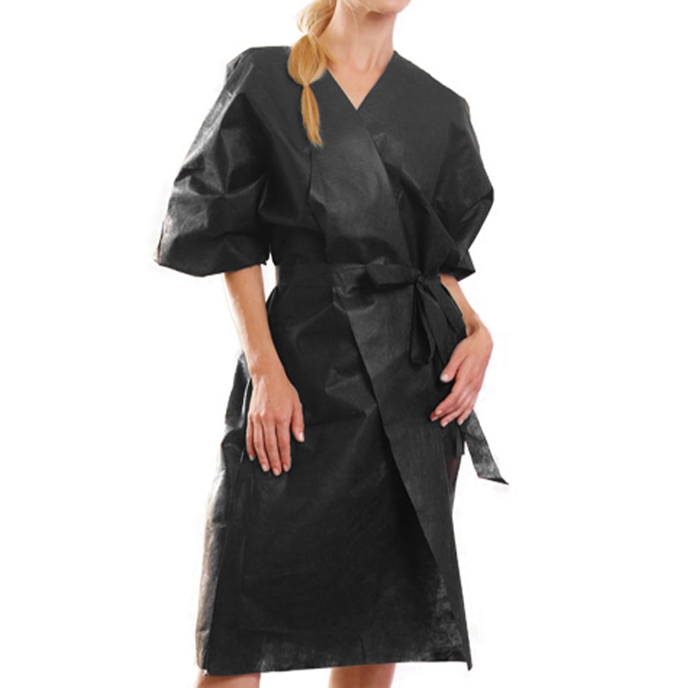 Kimono monouso in TNT nero con cintura in vita, ideale per settore beauty e ristorazione.