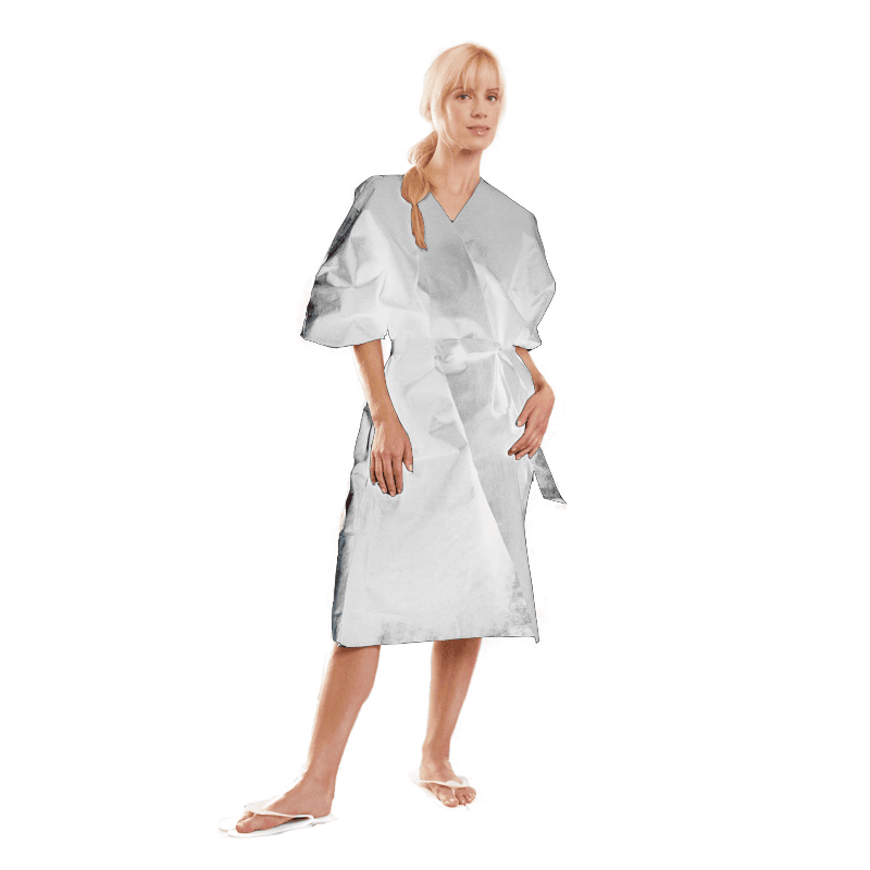 Kimono monouso in TNT bianco con cintura in vita, ideale per settore beauty e ristorazione.