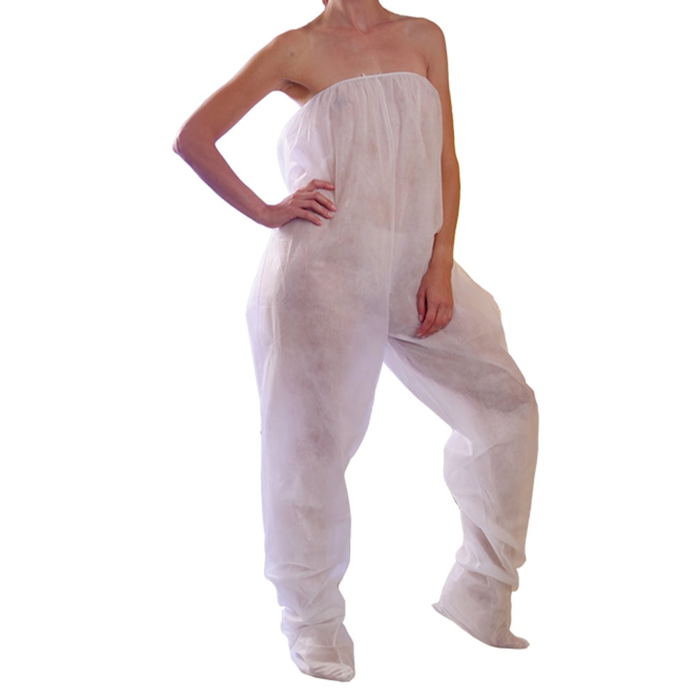 Pantalone monouso in TNT con piede per pressoterapia, ideale per settore beauty e benessere.