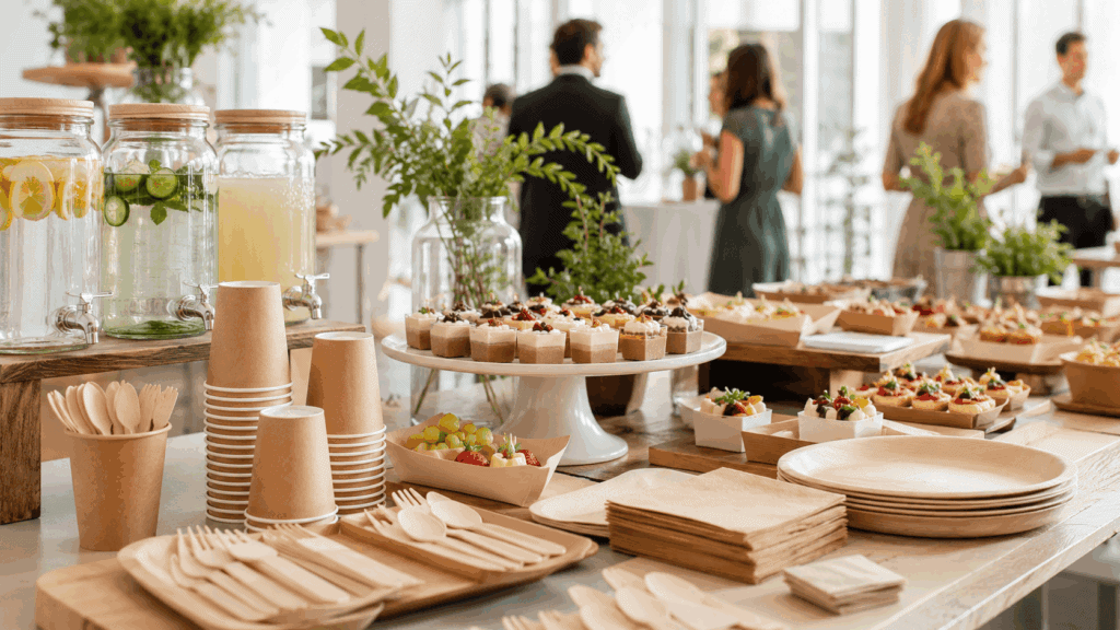 Prodotti monouso in TNT per eventi, catering e ristorazione, con piatti, bicchieri e posate usa eget.