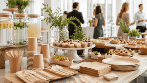 Prodotti monouso in TNT per eventi, catering e ristorazione, con piatti, bicchieri e posate usa eget.