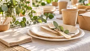 Tavola apparecchiata con stoviglie monouso in TNT ecologico e decorazioni naturali.