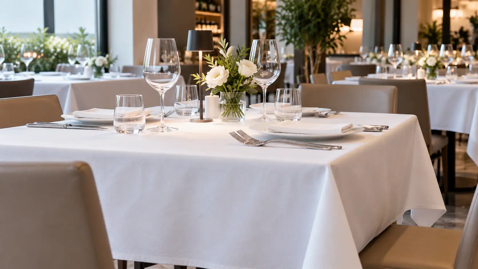 Tavolo da ristorante con tovaglia bianca, bicchieri e fiori freschi, ambiente raffinato.